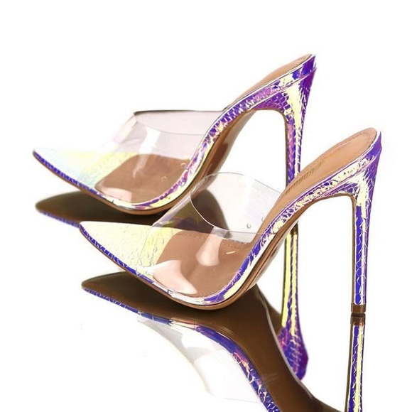 NEW🔥 Iridescent Clear Mules Sandal Stiletto Heel - Picture 3 of 7